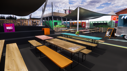 An artist's rendition of the new Salt and Tar space. In the foreground are a number of picnic tables, with a food van sat behind them. Above the benches is a fabric canopy and a sign for Salt and Tar sits nearby.