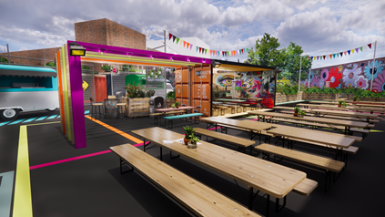 An artist's rendition of the new Salt and Tar space. At the front of the image are lines of picnic benches. Behind them is a food van and open-faced shipping containers painted bright colours with planters inside.